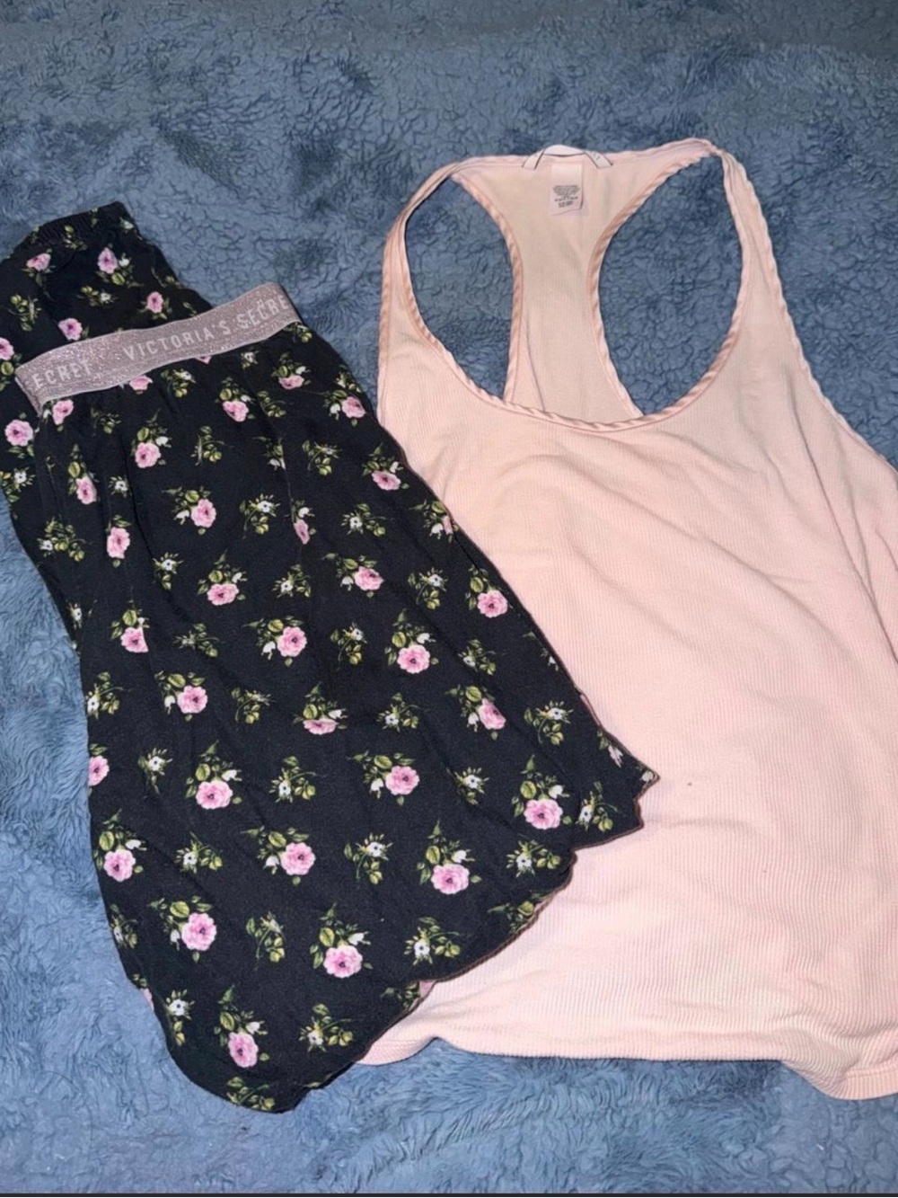 Victoria's Secret Pink Ribbed Tank & Black Floral Sleep Shorts